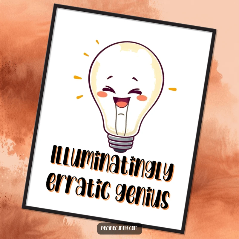 Funny Free Printable Wall Art: A mischievous lightbulb character grins and flickers erratically on a blank background.