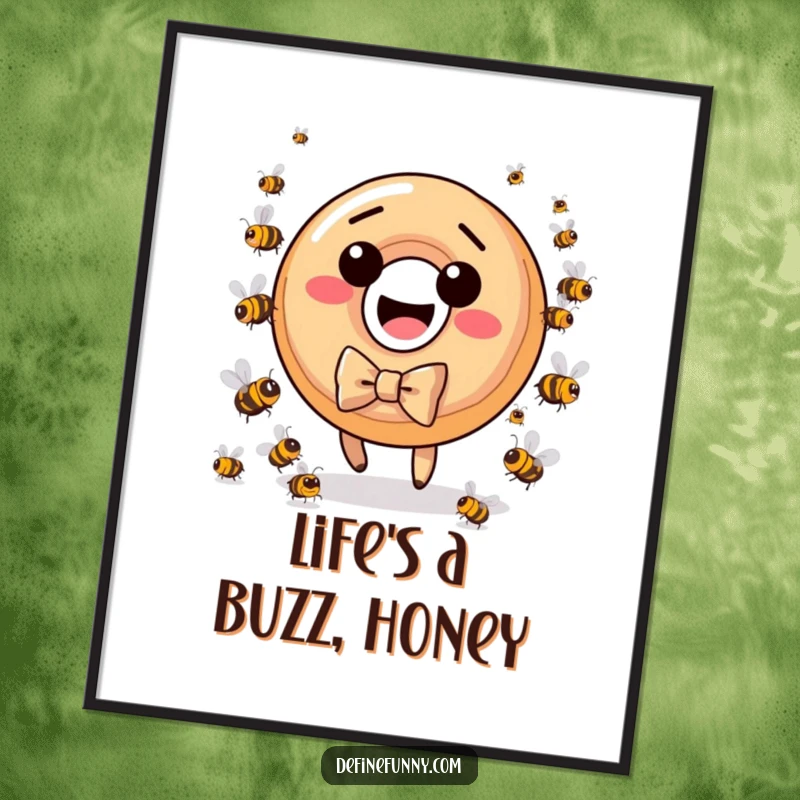 Funny free printable wall art featuring a donut character with a bow tie being chased by miniature angry bees, whimsical decor.