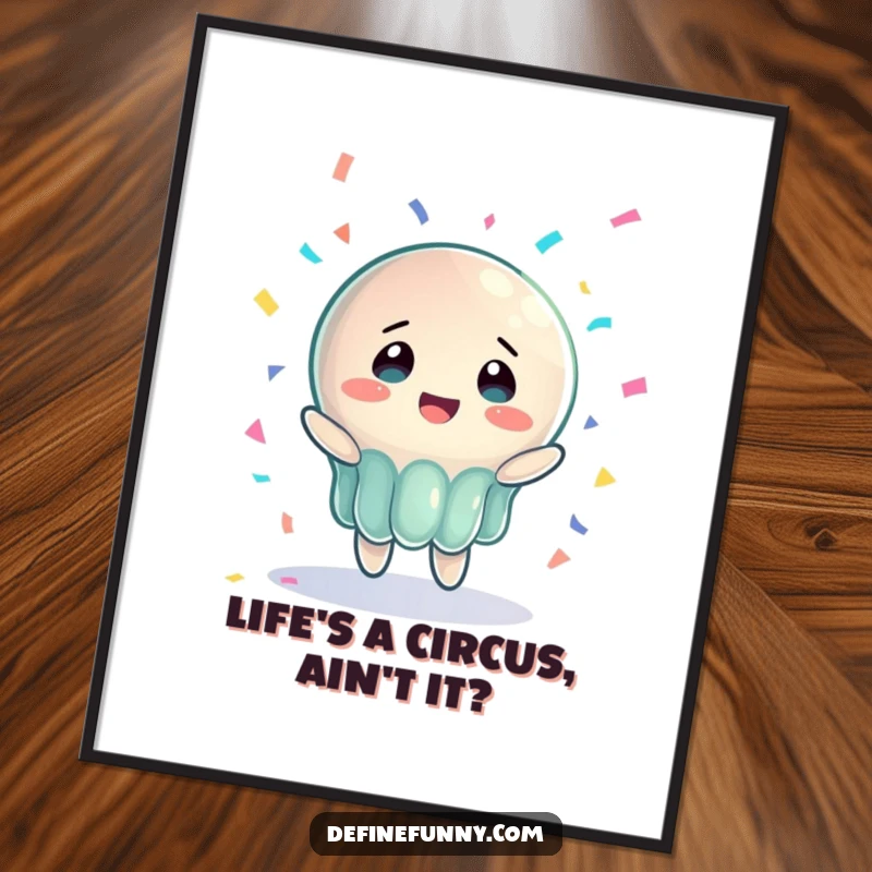 Funny Free Printable Wall Art: Wobbling jelly character attempts to catch a falling piano with comical expression.