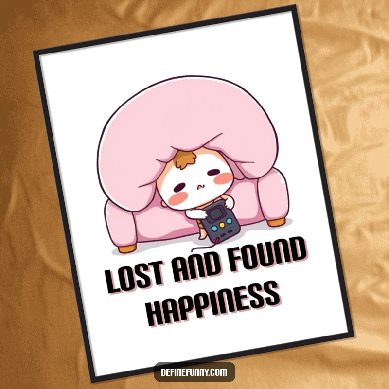 Funny Free Printable Wall Art: A blushing remote control character frantically searches for itself under a giant sofa cushion.