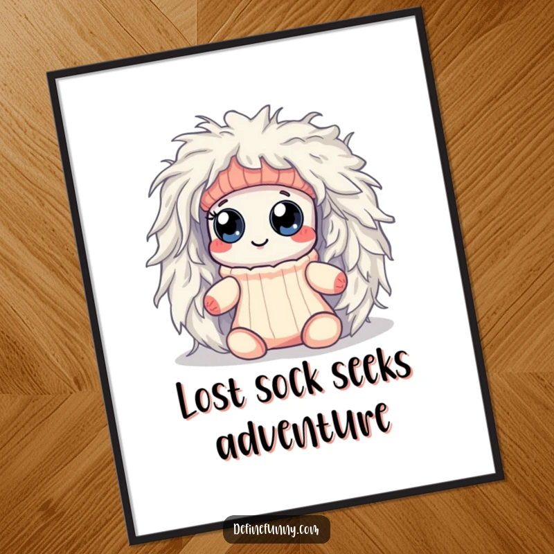 Funny Free Printable Wall Art: A Kawaii sock with googly eyes is comically battling a massive dryer lint monster.