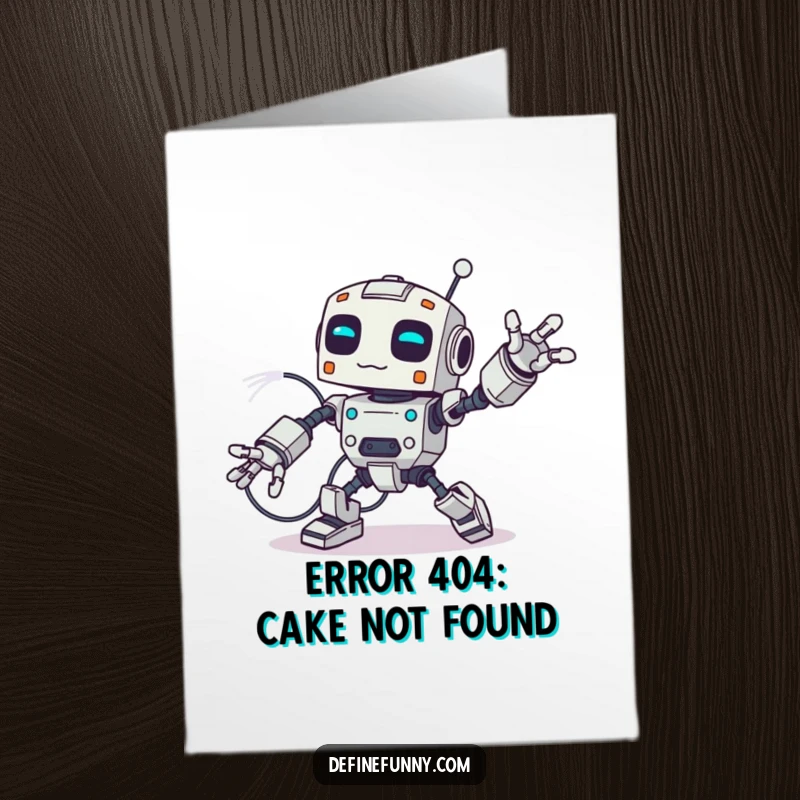 Funny Free Printable Birthday Card featuring a clumsy robot tripping over wires, arms flailing hilariously.