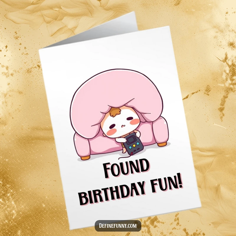 Funny Free Printable Birthday Card: A blushing remote control character frantically searches under a giant sofa cushion.