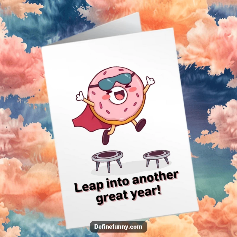Funny Free Printable Birthday Card: Giggling donut in a cape leaping over trampolines, celebrating a super birthday.