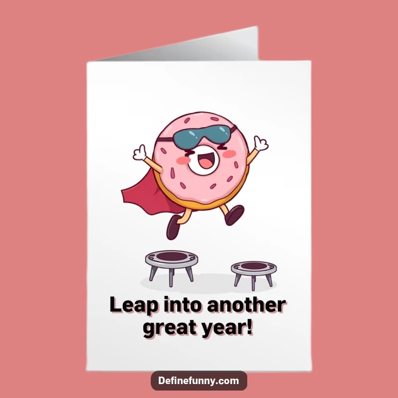 Free Printable Birthday Card: Donut Superhero Leap - Funny Downloadable Celebration Gift