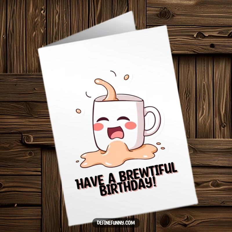 Funny Free Printable Birthday Card: Kawaii coffee mug character laughing hysterically, spilling its contents everywhere.