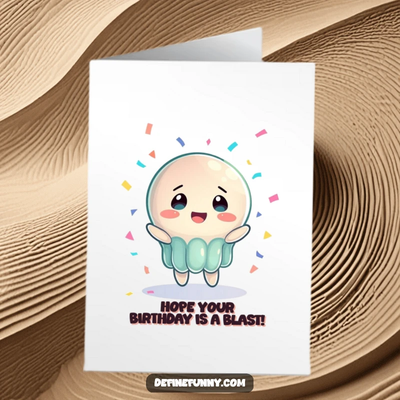 Funny Free Printable Birthday Card: Wobbling jelly character with bewildered joy catching a falling piano on card.