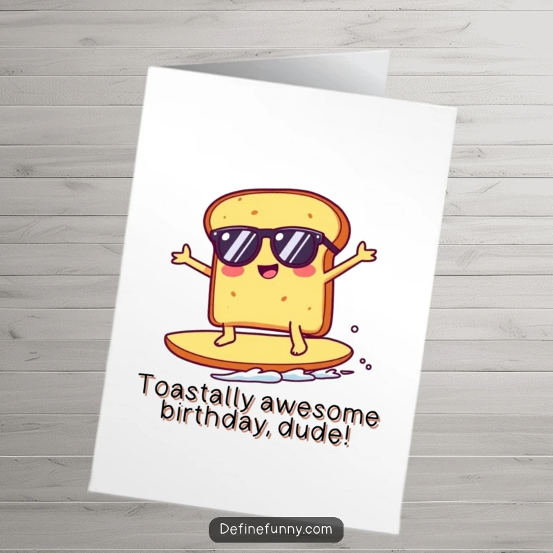 Funny Free Printable Birthday Card: Kawaii toast with sunglasses surfs a crumb, radiating cool birthday vibes.