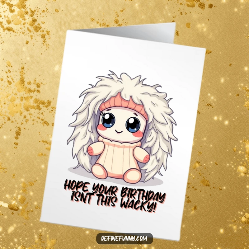 Funny Free Printable Birthday Card: Kawaii sock with googly eyes is comically stuck in a fluffy dryer lint monster.