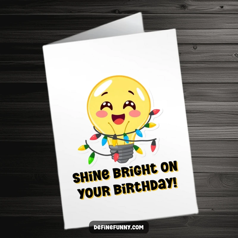 Funny Free Printable Birthday Card: A delighted lightbulb character glows brightly, wrapped in festive lights.