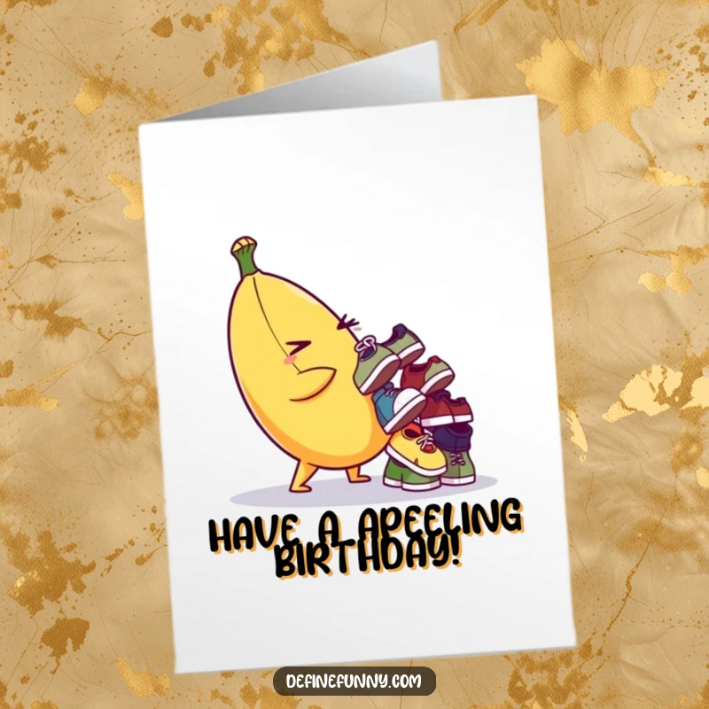 Funny Free Printable Birthday Card: Banana character winks while balancing a teetering pile of mismatched tiny shoes.