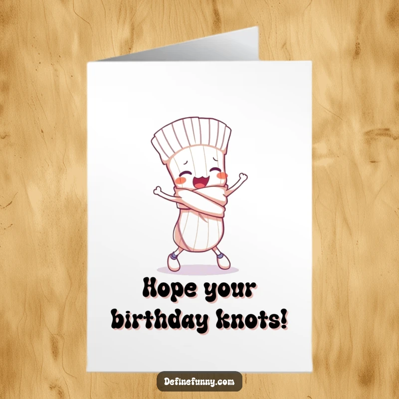 Funny Free Printable Birthday Card: A clumsy sock character tied in a knot comically trips over its own feet.