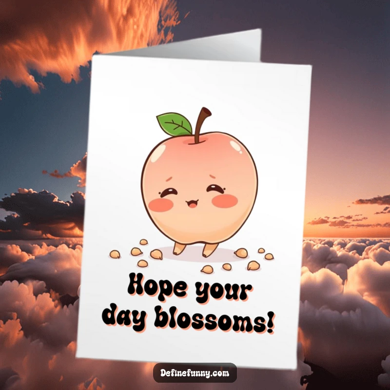 Free Printable Birthday Card: Shy, blushing apple character comically tripping and scattering seeds. A funny, relatable birthday wish.