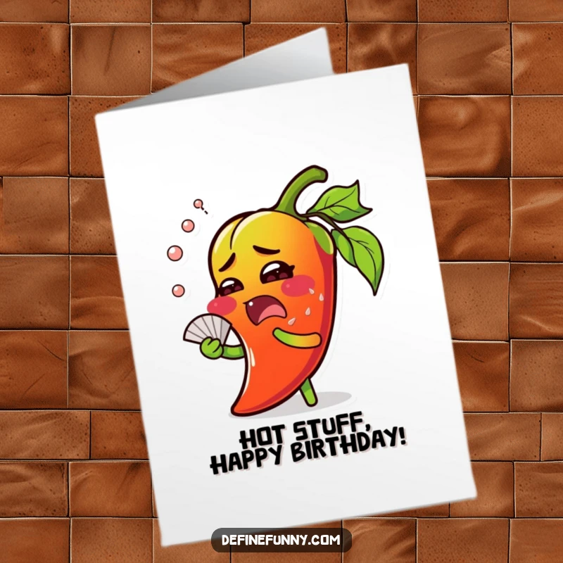 Funny Free Printable Birthday Card: Surprised chili pepper sweating profusely and fanning itself, wishing a very hot and happy birthday.