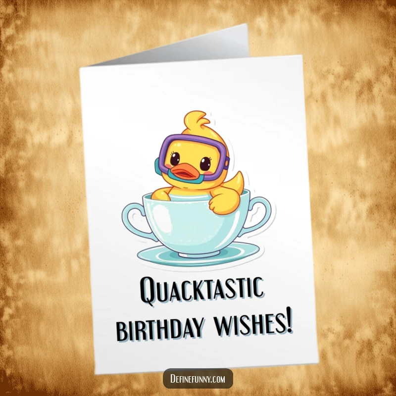Funny Free Printable Birthday Card: A happy rubber ducky with a snorkel swims playfully in a teacup.