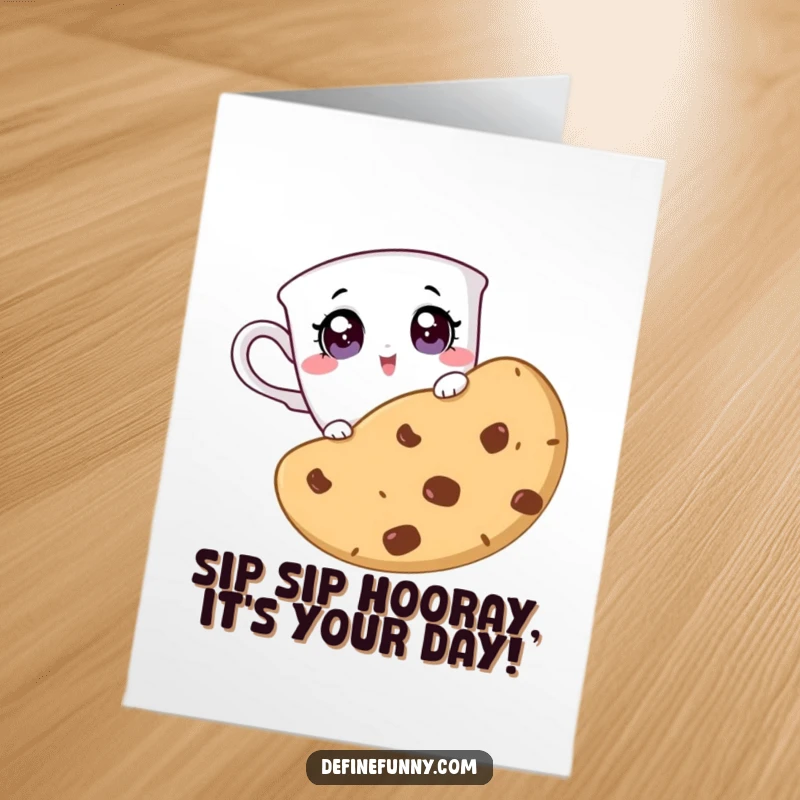 Funny Free Printable Birthday Card: A curious teacup peeking over a giant cookie with wide, surprised eyes, perfect for birthdays.