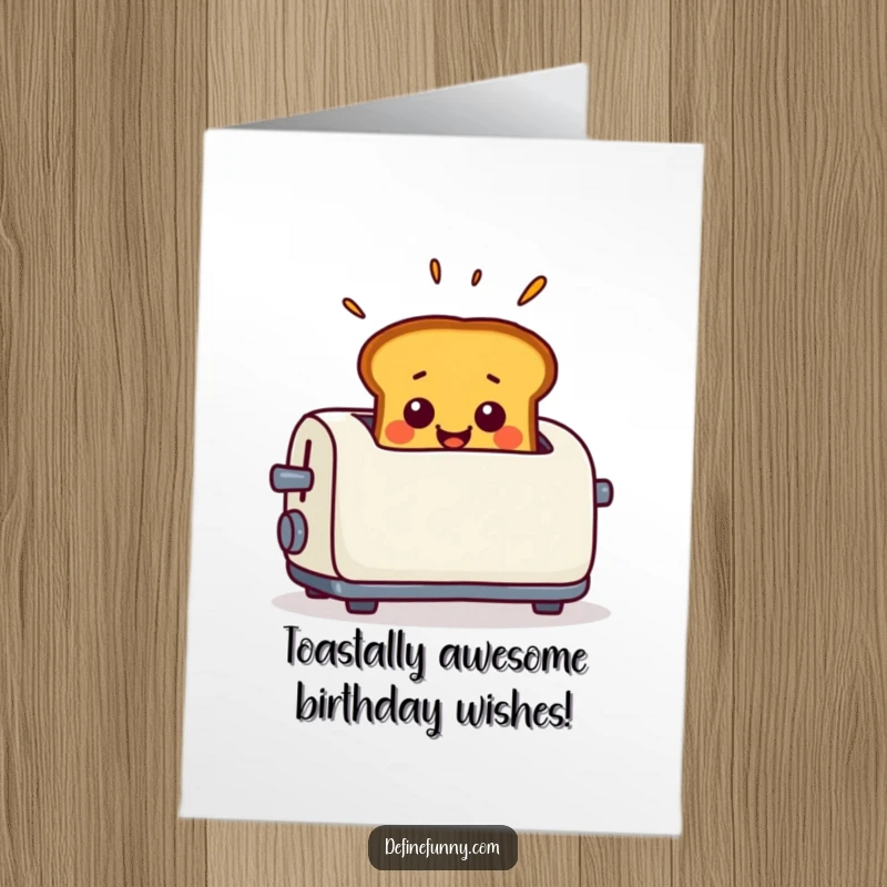 Funny Free Printable Birthday Card: Smiling toast popping out of a toaster with exaggerated surprise, a delightful breakfast moment, downloadable art.