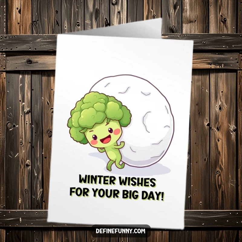 Funny Free Printable Birthday Card: Optimistic broccoli pushing a giant snowball uphill, struggling humorously.