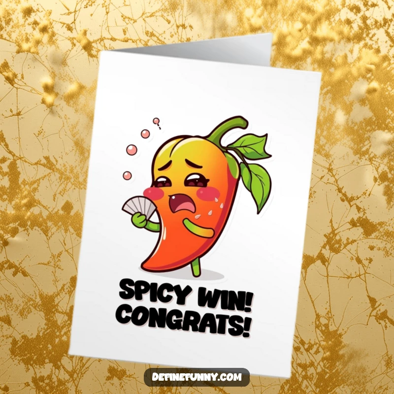 Funny Free Printable Congratulations Card: A chili pepper character sweating and fanning itself, celebrating a hot and impressive achievement.