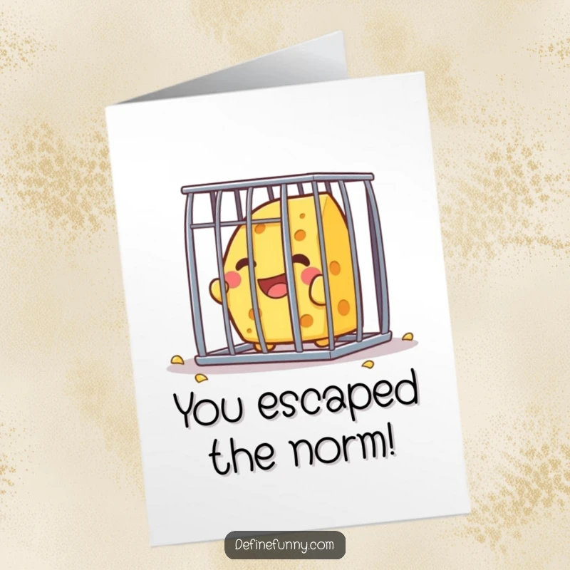 Funny Free Printable Congrats Card: Kawaii cheese character gleefully escapes a tiny cage, symbolizing freedom.