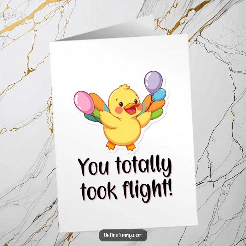 Funny Free Printable Congratulations Card: A joyful rubber duck with mismatched balloon wings attempting flight, symbolizing triumph and fun.