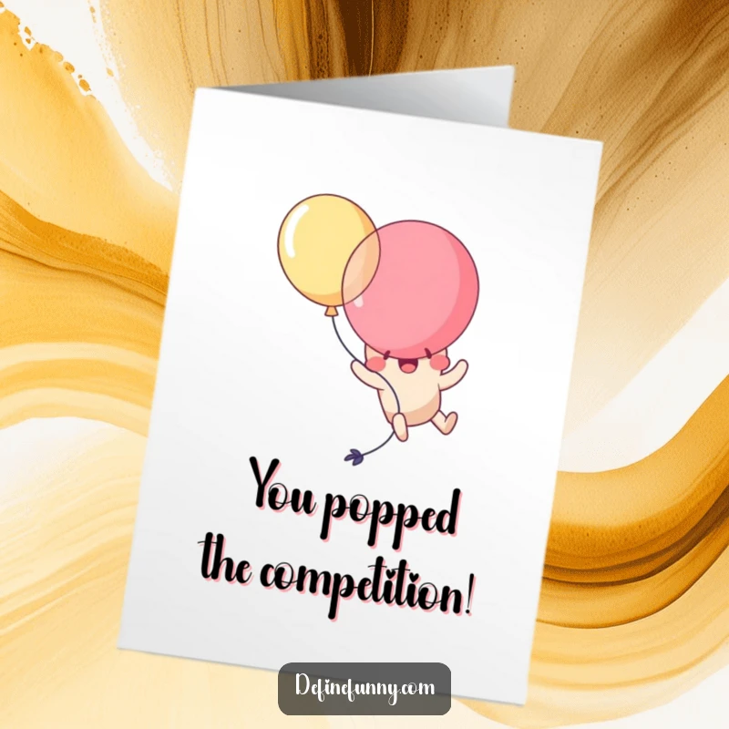 Funny Free Printable Congrats Card: Kawaii balloon character comically popping itself while trying to fly, a humorous celebration.