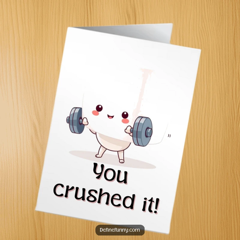 Funny Free Printable Congrats Card: Kawaii dumbbell character attempting to lift an oversized marshmallow, a humorous congratulation.