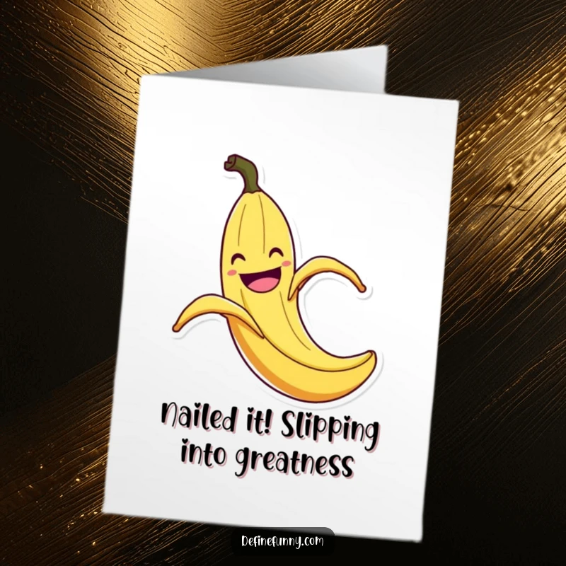 Funny Free Printable Congratulations Card: A grinning banana peel performs an exaggerated slip with flair.