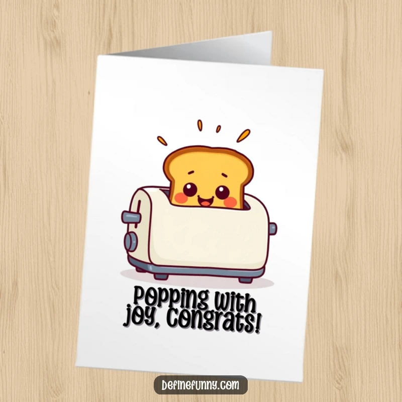 Funny Free Printable Congratulations Card: Toast leaping from a toaster with wide-eyed surprise, celebrating success, downloadable art.