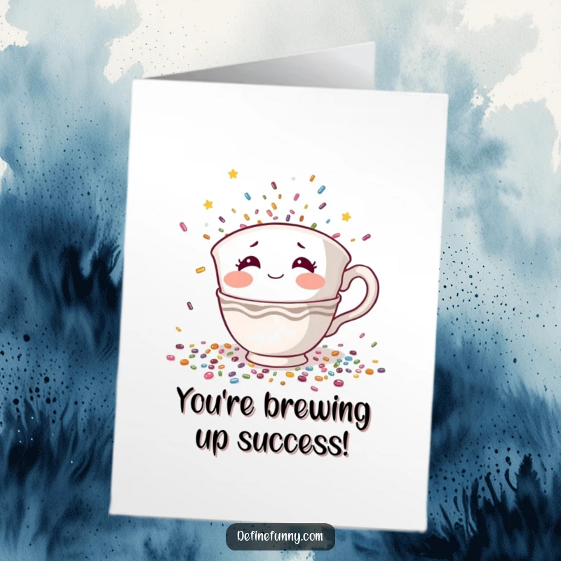 Funny Free Printable Congrats Card: Shy teacup character with rosy cheeks desperately hides from a shower of confetti.