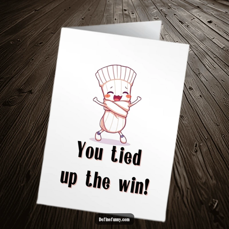 Funny Free Printable Congratulations Card: A sock character tied in a knot comically trips, celebrating their success.