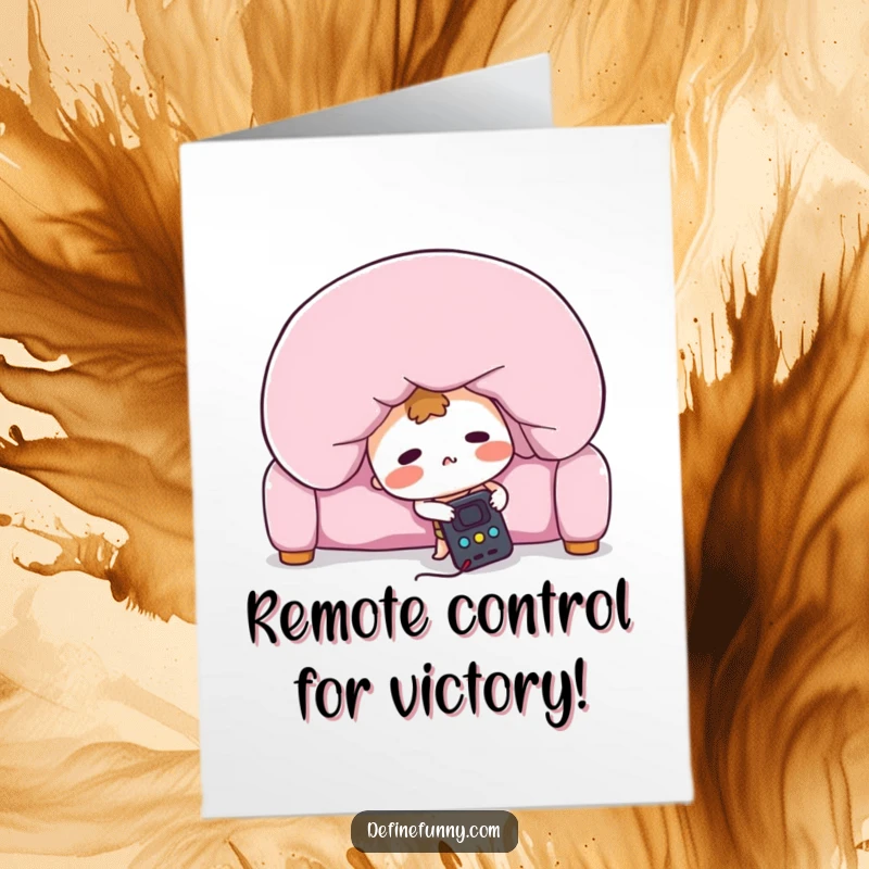Funny Free Printable Congratulations Card: A blushing remote control character frantically searches under a sofa cushion, finding success.
