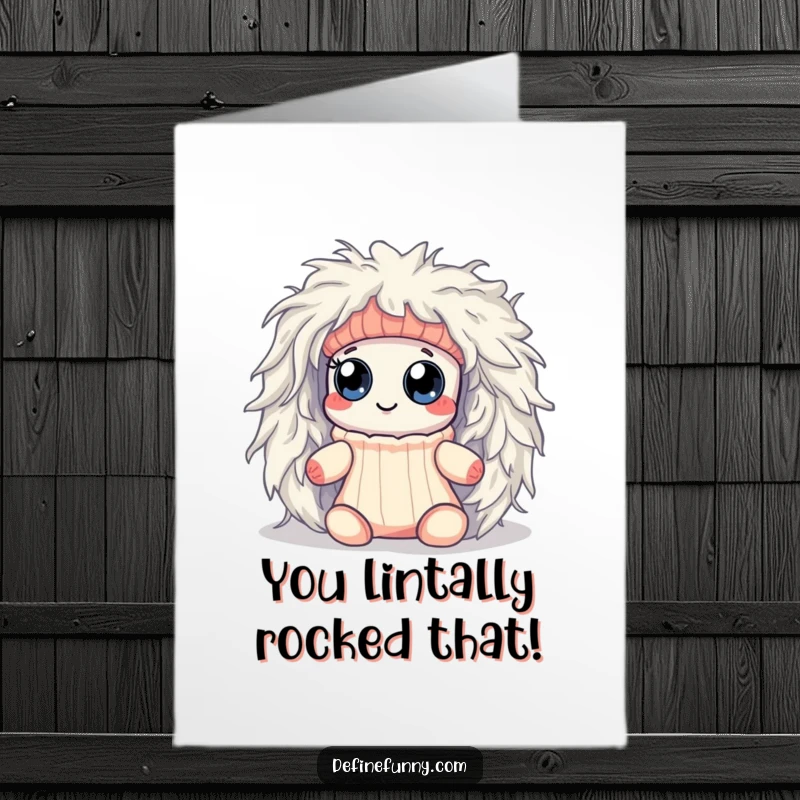 Funny Free Printable Congrats Card: A Kawaii sock with googly eyes joyfully escapes a giant dryer lint monster.