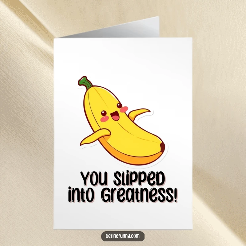 Funny Free Printable Kawaii banana character ecstatically sliding down a peel, celebrating a triumphant achievement, high energy.