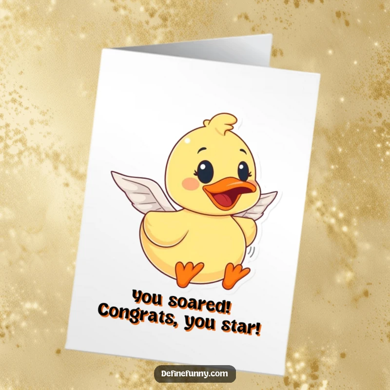 Funny Free Printable Congratulations Card: Determined rubber duck with tiny wings attempts flight, symbolizing new beginnings.