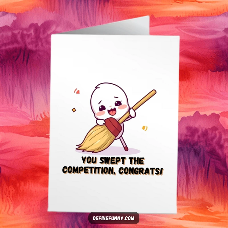 Funny Free Printable Congratulations Card: A broom character comically trips over its bristles, celebrating their win.