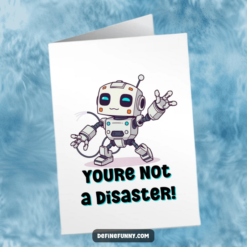 Free Printable Congratulations Card showing a clumsy robot tripping over its giant wires, arms flailing wildly.