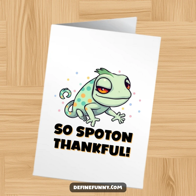 Funny free printable thank you card: A sly chameleon looks confused while trying to blend into a bright polka-dotted pattern.