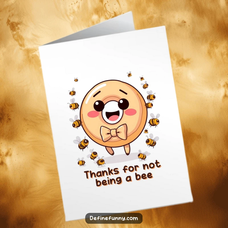 Funny free printable thank you card with a donut in a bow tie running from angry bees, a unique expression of thanks.