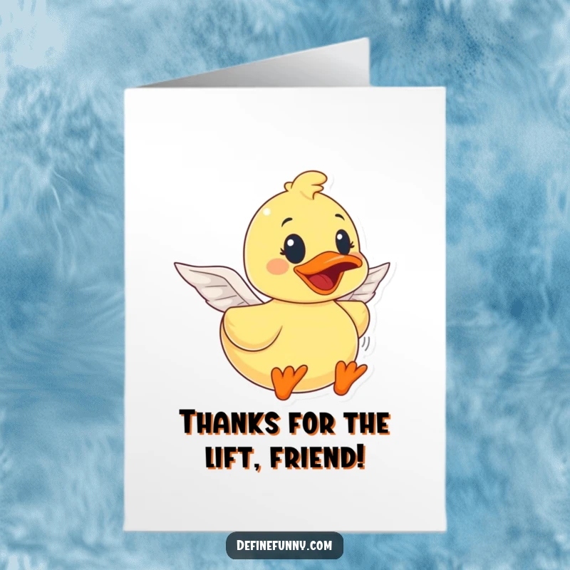Funny Free Printable Thank You Card: Rubber duck with paper wings attempts to fly, expressing gratitude.