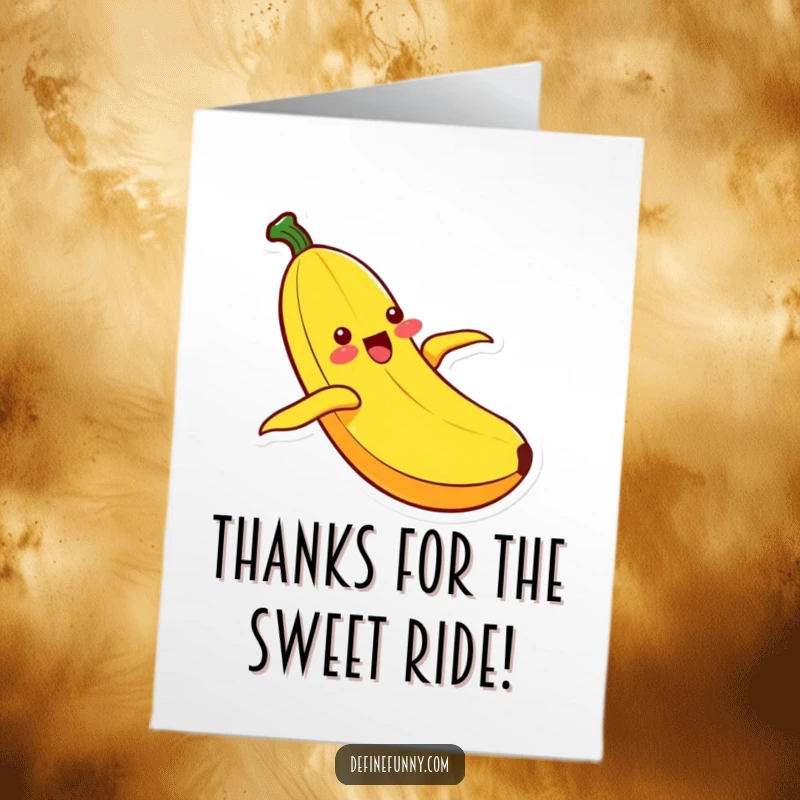 Funny Free Printable Kawaii banana character sliding down a peel, expressing heartfelt thanks with a joyous, energetic pose.