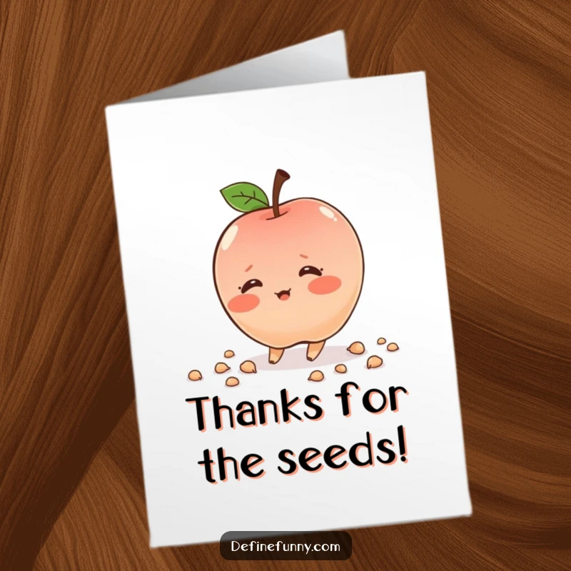 Free Printable Thank You Card: Shy, blushing apple character tripping and scattering seeds, sending thanks with a sweet mishap.