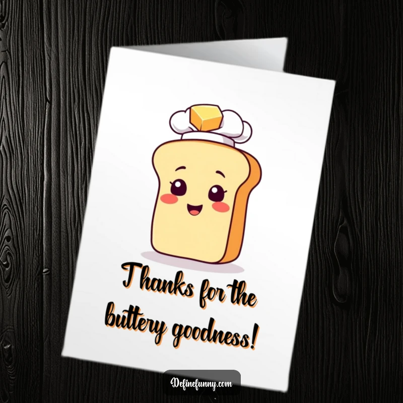 Funny Free Printable Thank You Card: Chef bread loaf losing balance on a pat of butter, making gratitude hilarious.
