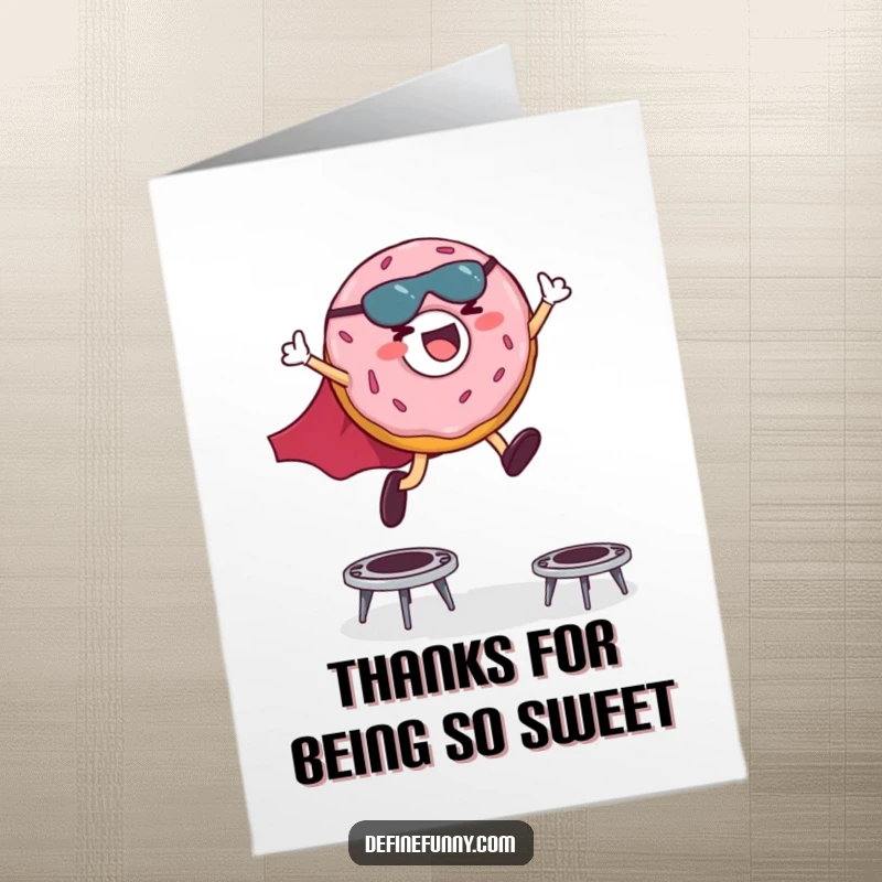 Funny Free Printable Thank You Card: Donut superhero leaps, joyfully expressing thanks with energy.