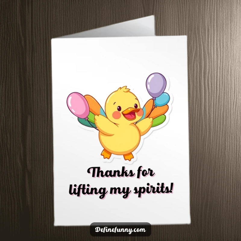 Funny Free Printable Thank You Card: A happy rubber duck with colorful balloon wings soaring upwards, a whimsical thank you message.
