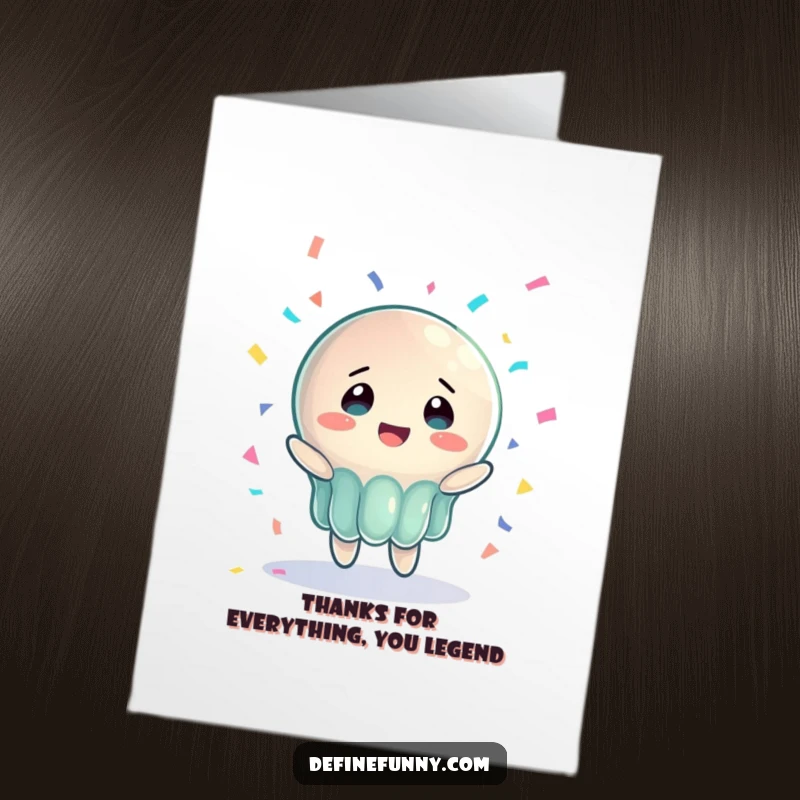 Funny Free Printable Thank You Card: Bewildered jelly character catches a falling piano, expressing thanks.
