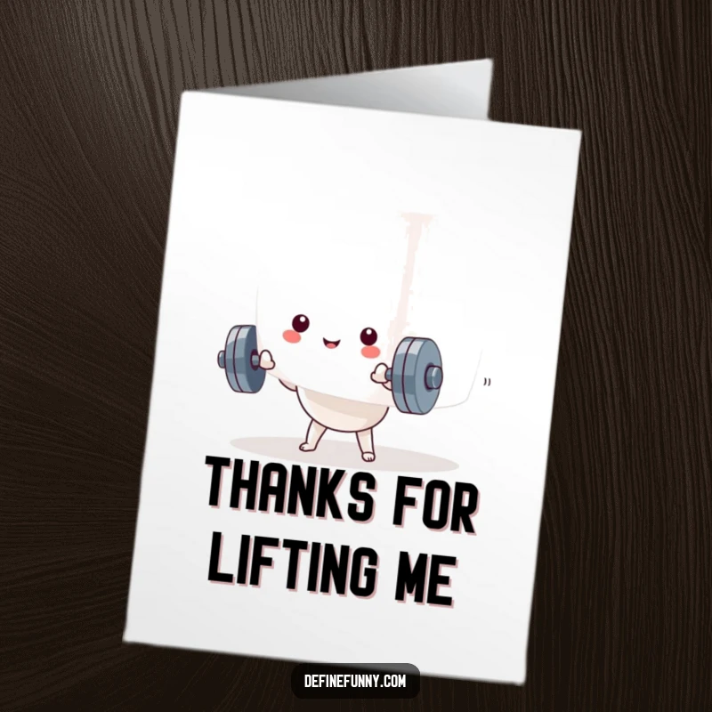 Funny Free Printable Thank You Card: Kawaii dumbbell character struggling with a huge marshmallow, a comical thank you.