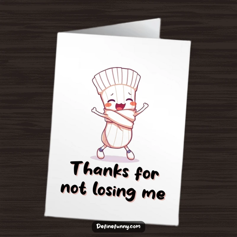 Funny Free Printable Thank You Card: A knot-tied sock character comically trips, a funny way to express thanks.