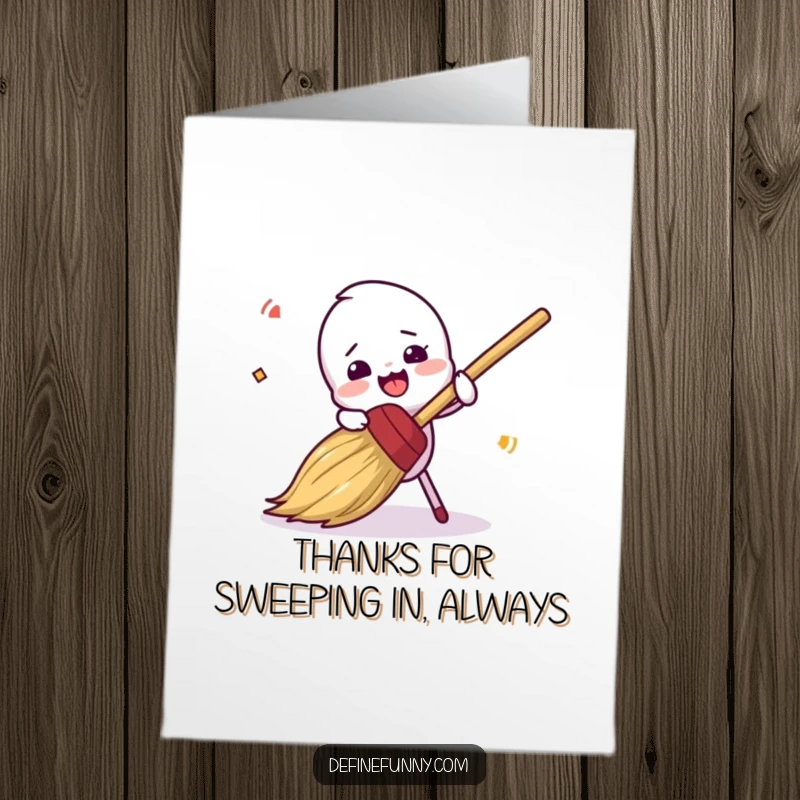 Funny Free Printable Thank You Card: A broom character comically trips over its bristles, offering thanks.