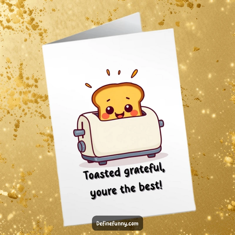 Funny Free Printable Thank You Card: Toast pops out of a toaster in exaggerated surprise, conveying thanks with humor, downloadable art.